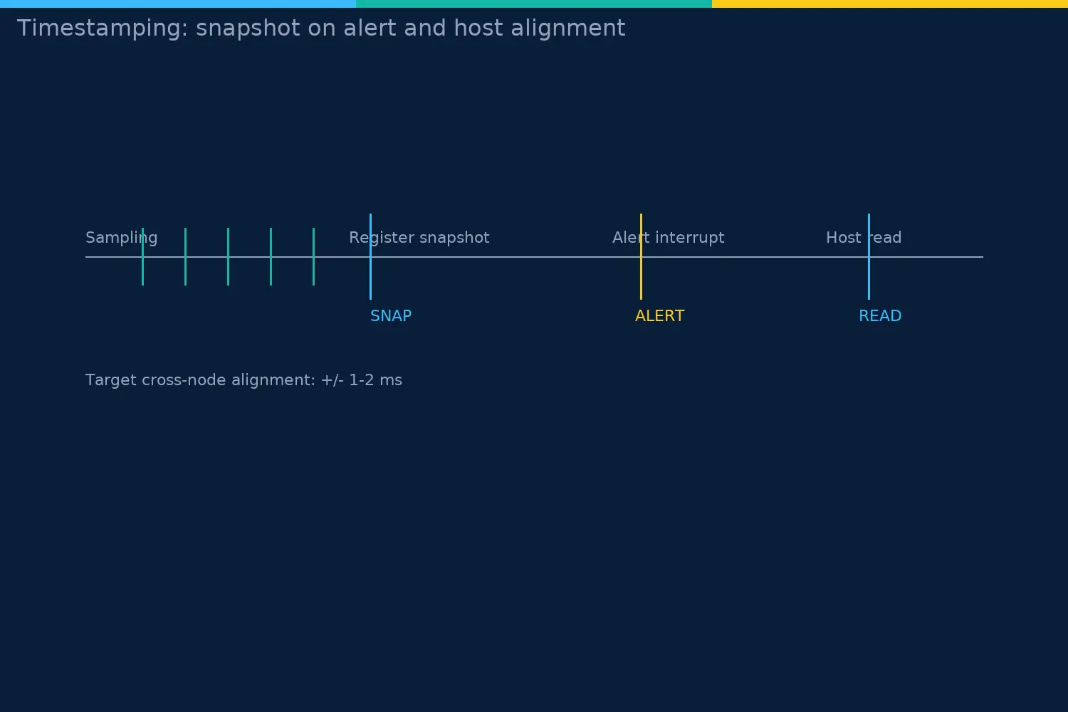 Timeline from sampling to register snapshot to alert interrupt and host read with a unified time base