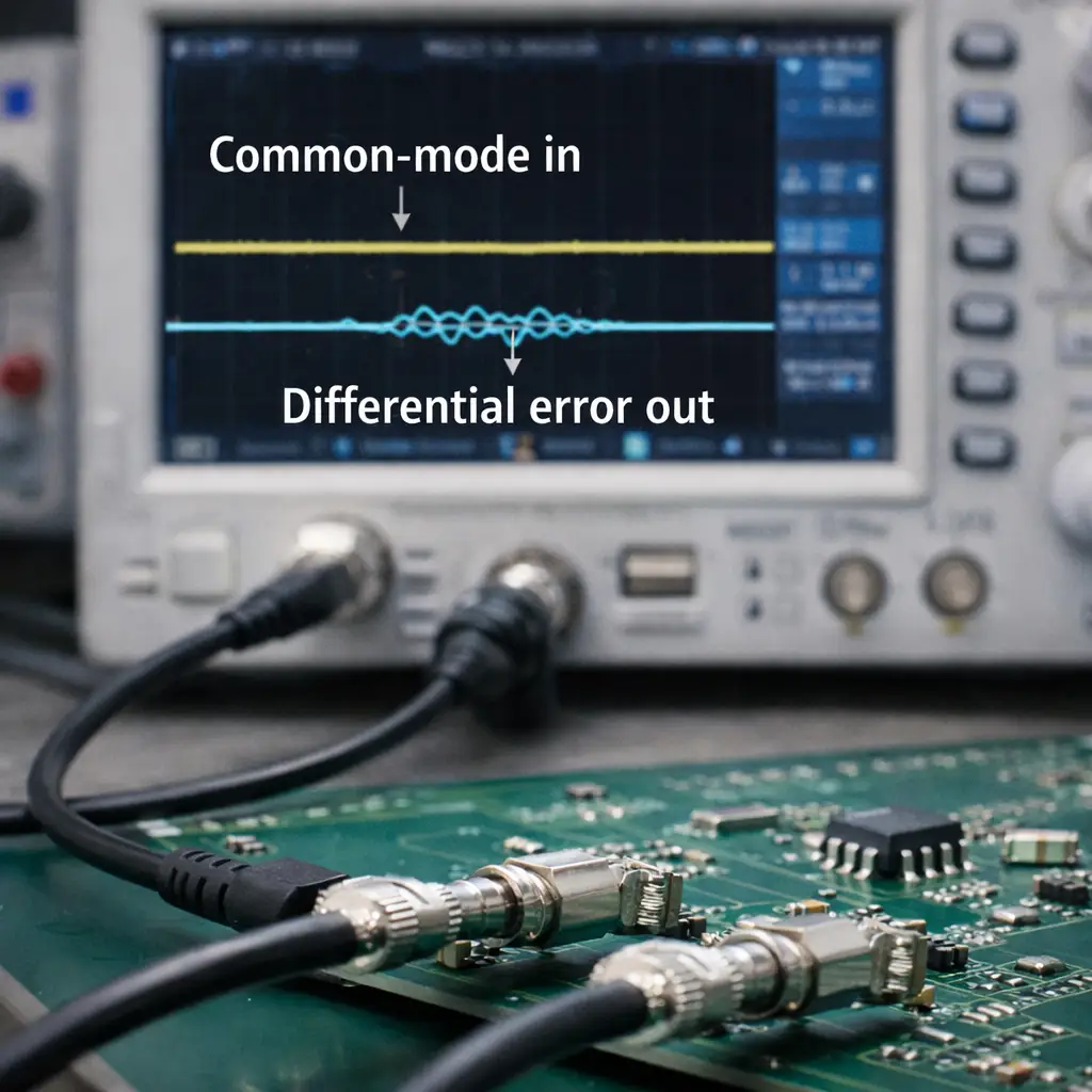Oscilloscope showing common-mode input producing unintended differential output due to resistor mismatch