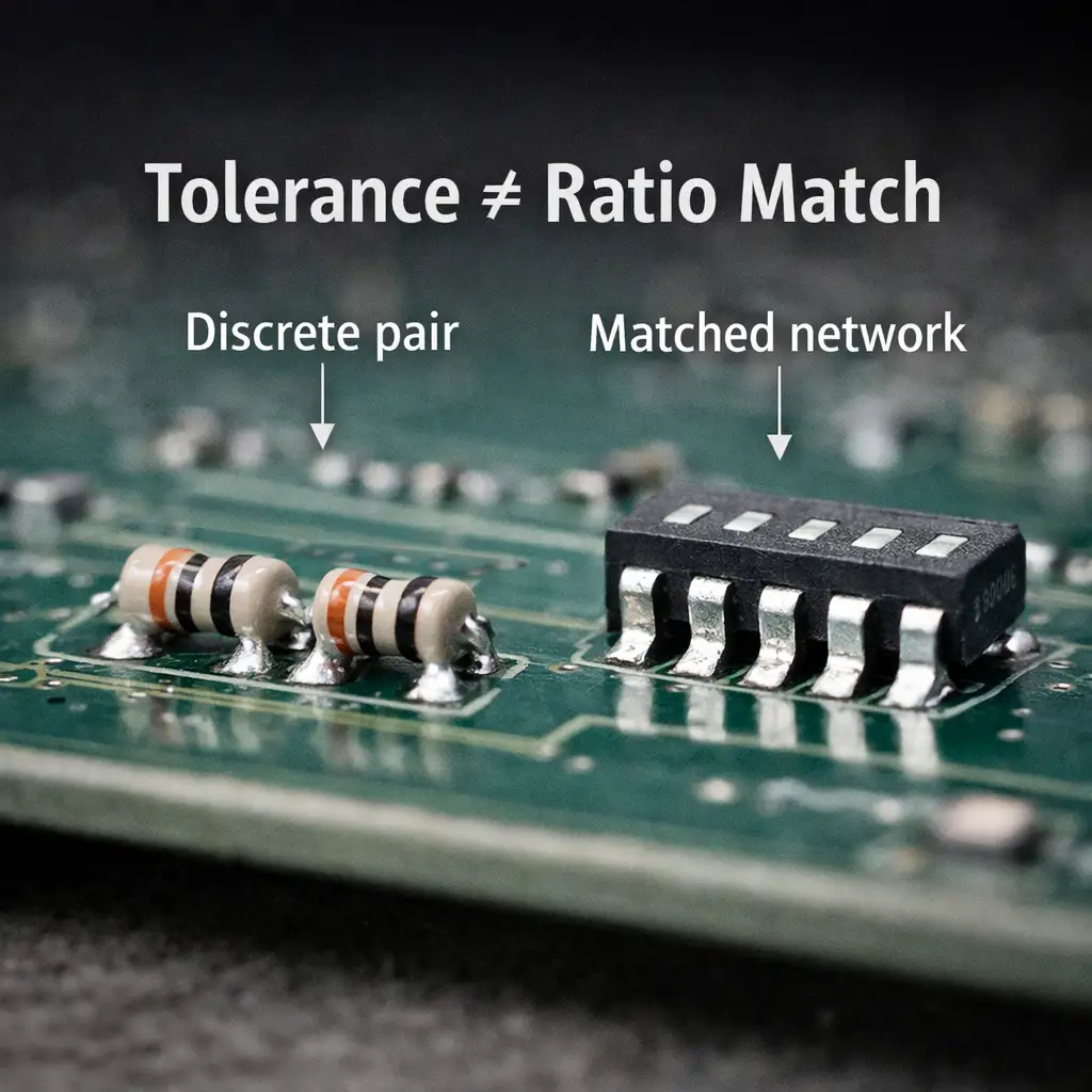Comparison of discrete resistors versus matched resistor network emphasizing ratio matching.