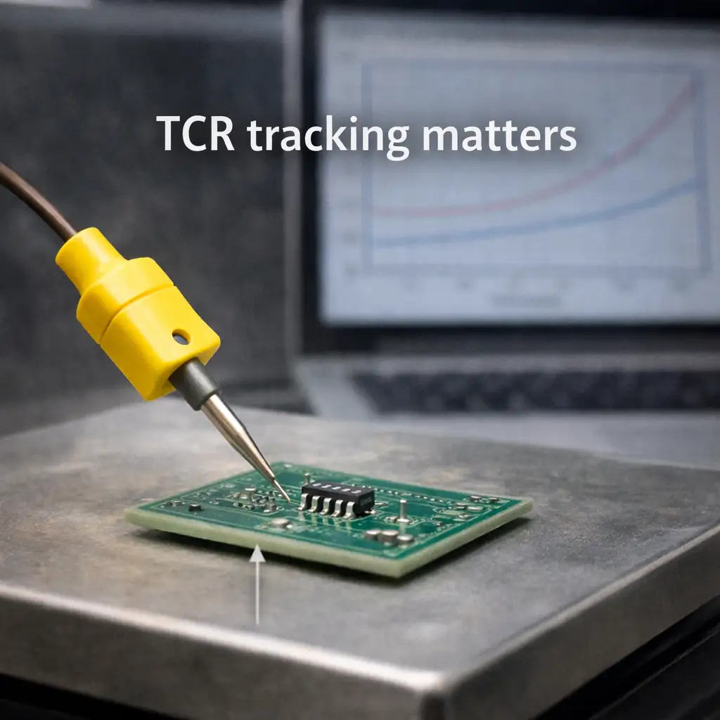 Resistor network being temperature-tested to illustrate TCR tracking importance.