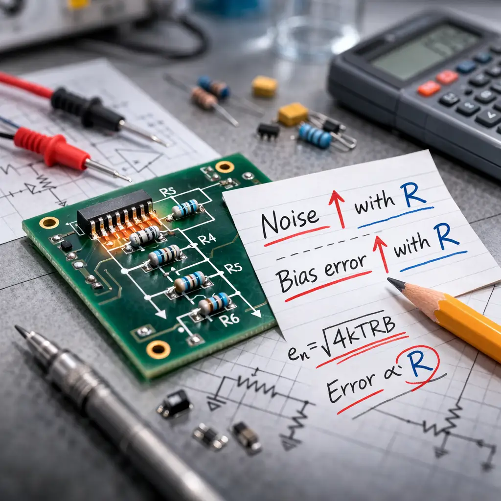 Bench scene illustrating how higher resistor values increase noise and bias-related error.
