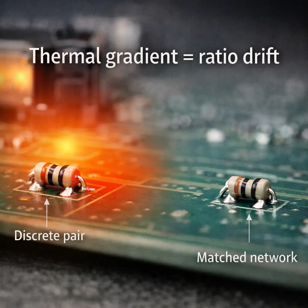 PCB thermal gradient near one resistor showing how temperature differences cause ratio drift.
