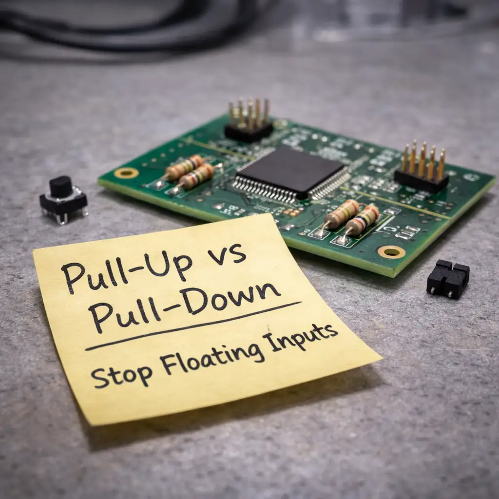 MCU input pins with pull resistors and note explaining pull-up vs pull-down.