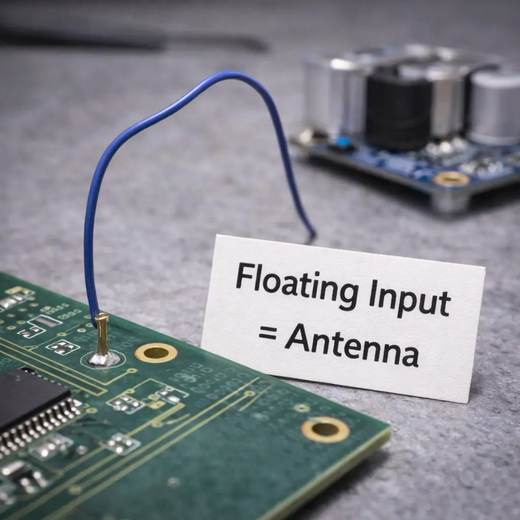 Demonstration that an unpulled input wire can pick up noise like an antenna.