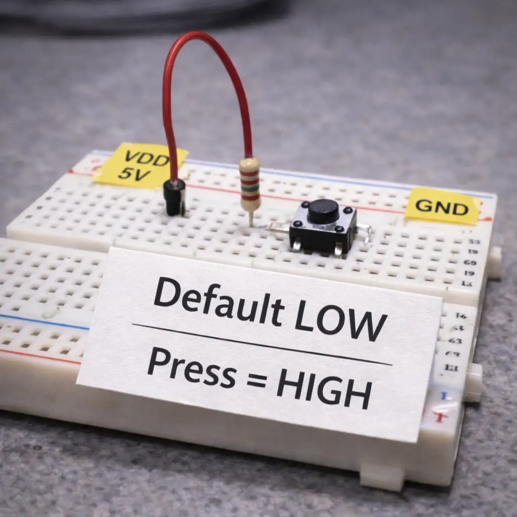&ldquo;VDD 5V&rdquo; &ldquo;GND&rdquo; &ldquo;Default LOW / Press = HIGH&rdquo; Alt text: Pull-down resistor with button wiring defining default logic state.