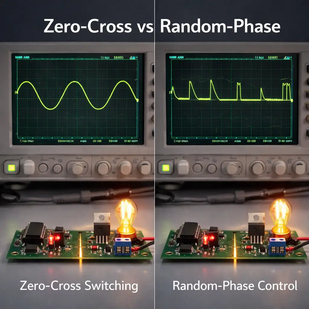 Oscilloscope comparison of zero-cross triac switching versus random-phase dimming waveform.