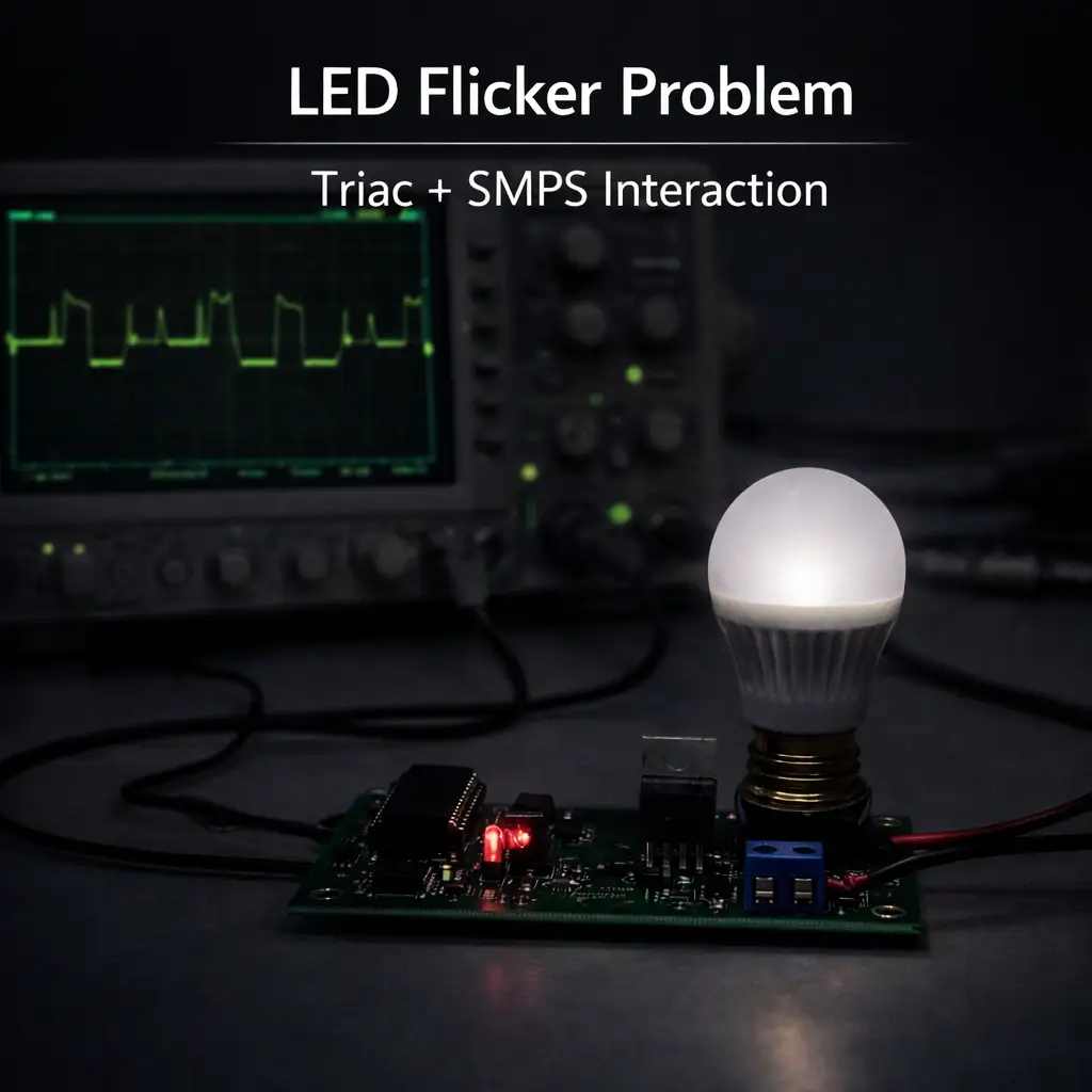 LED lamp faintly glowing due to triac leakage current in dimmer circuit.