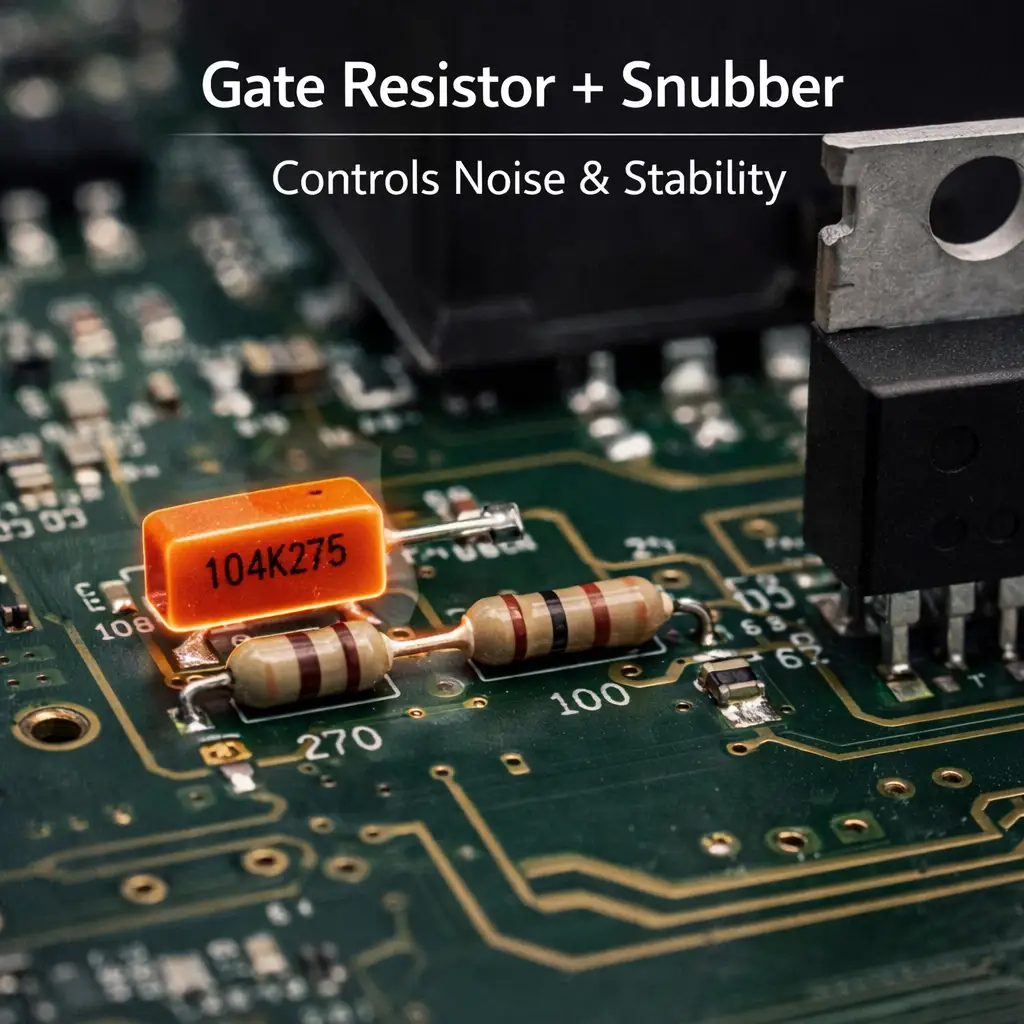 Close-up of triac gate resistor and RC snubber network on PCB
