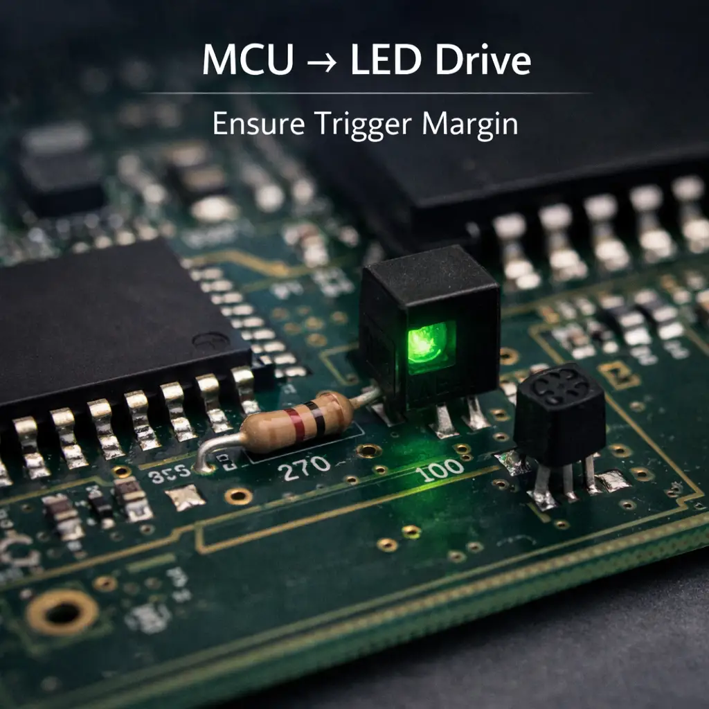 Microcontroller GPIO driving optoisolator LED with current-limiting resistor.