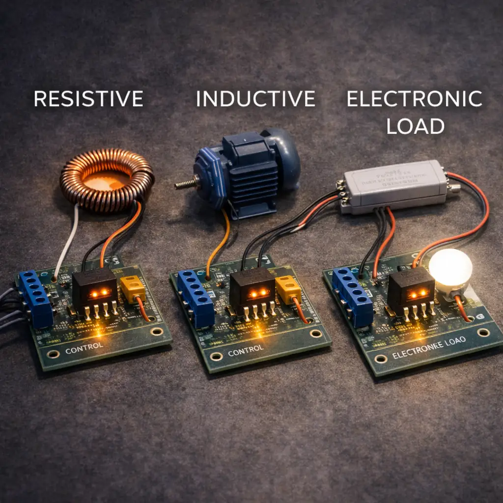 Three common load types used when selecting a solid state relay: resistive, inductive, and electronic.