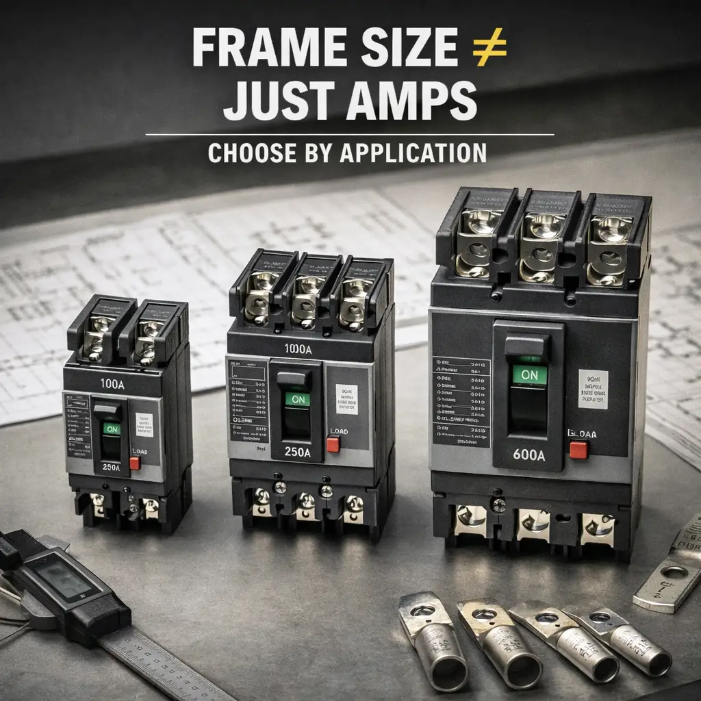 Comparison of molded case circuit breakers with different frame sizes on an engineering bench.